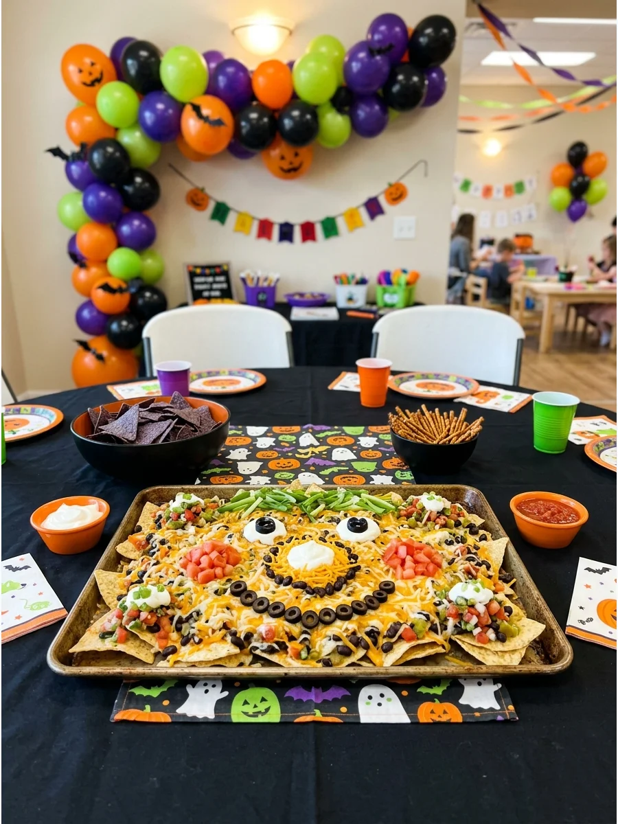 A platter of nachos arranged to look like a giant monster face.