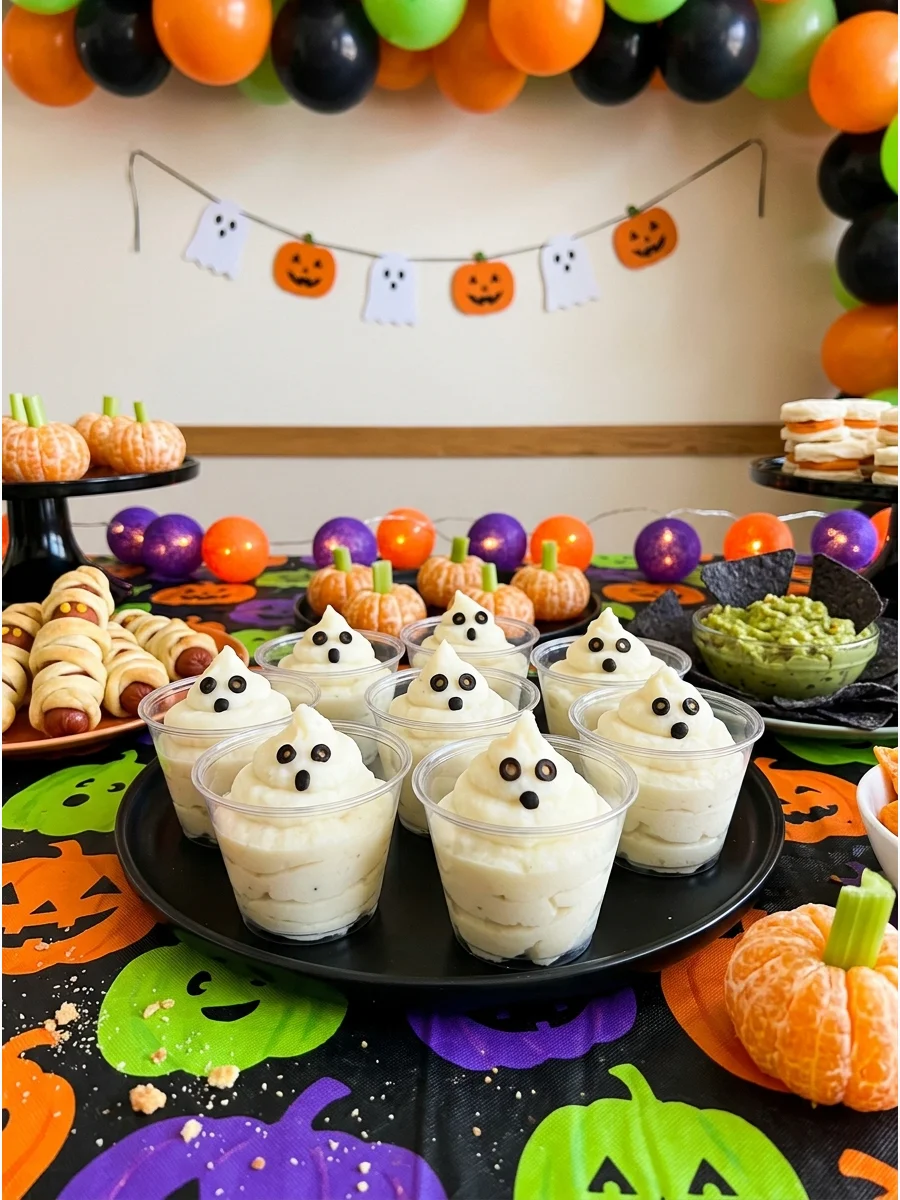 Mashed potatoes piped into cups to look like ghosts.
