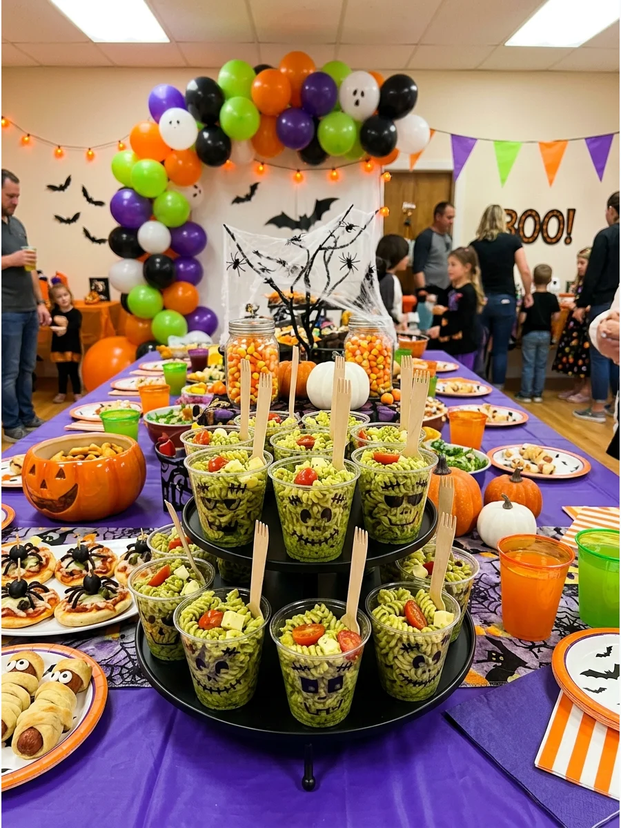 Green pasta in cups decorated with Frankenstein faces.