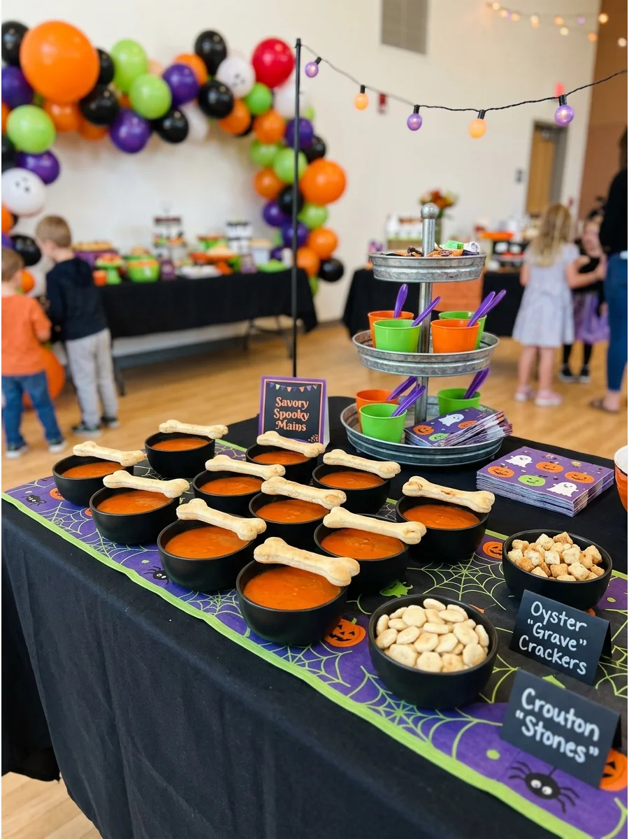 Black soup bowls filled with orange soup and a breadstick stirrer.