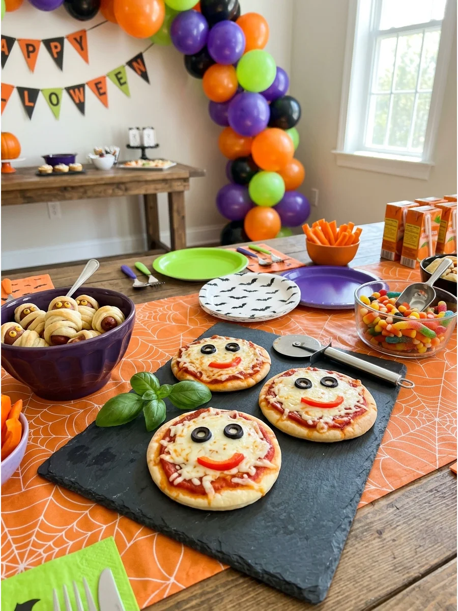 Miniature pizzas decorated with vegetables to look like jack-o'-lanterns.