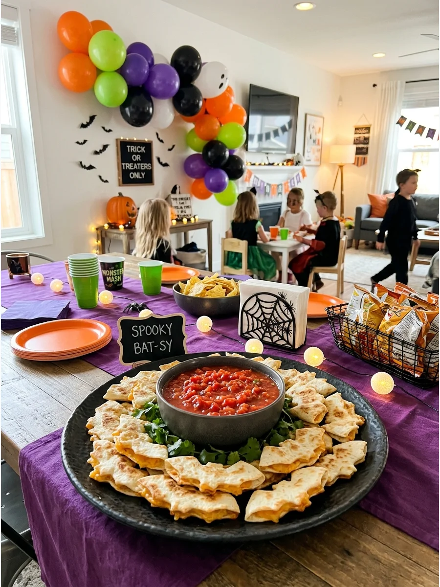 Bat-shaped quesadilla pieces arranged around a dipping bowl.