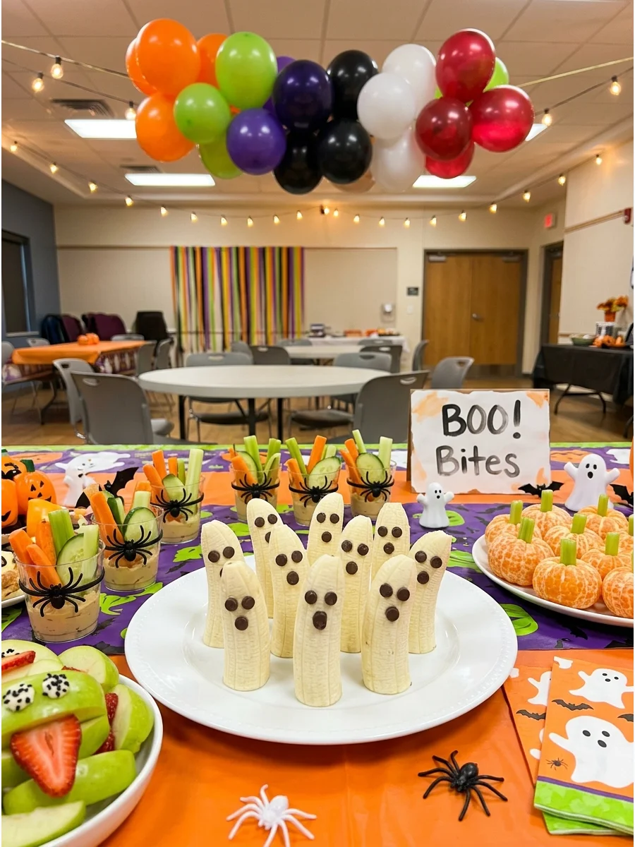 Banana halves decorated with chocolate chips to look like ghosts.