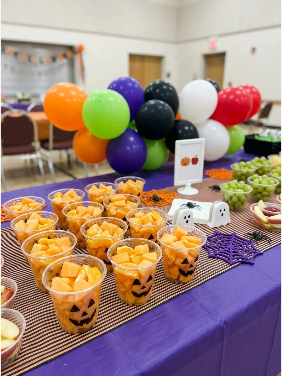 Fruit cups with orange fruit and pumpkin faces drawn on the plastic.