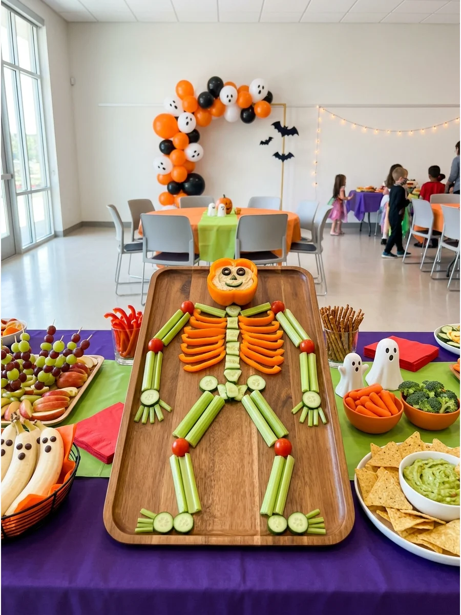 A vegetable tray arranged in the shape of a skeleton.