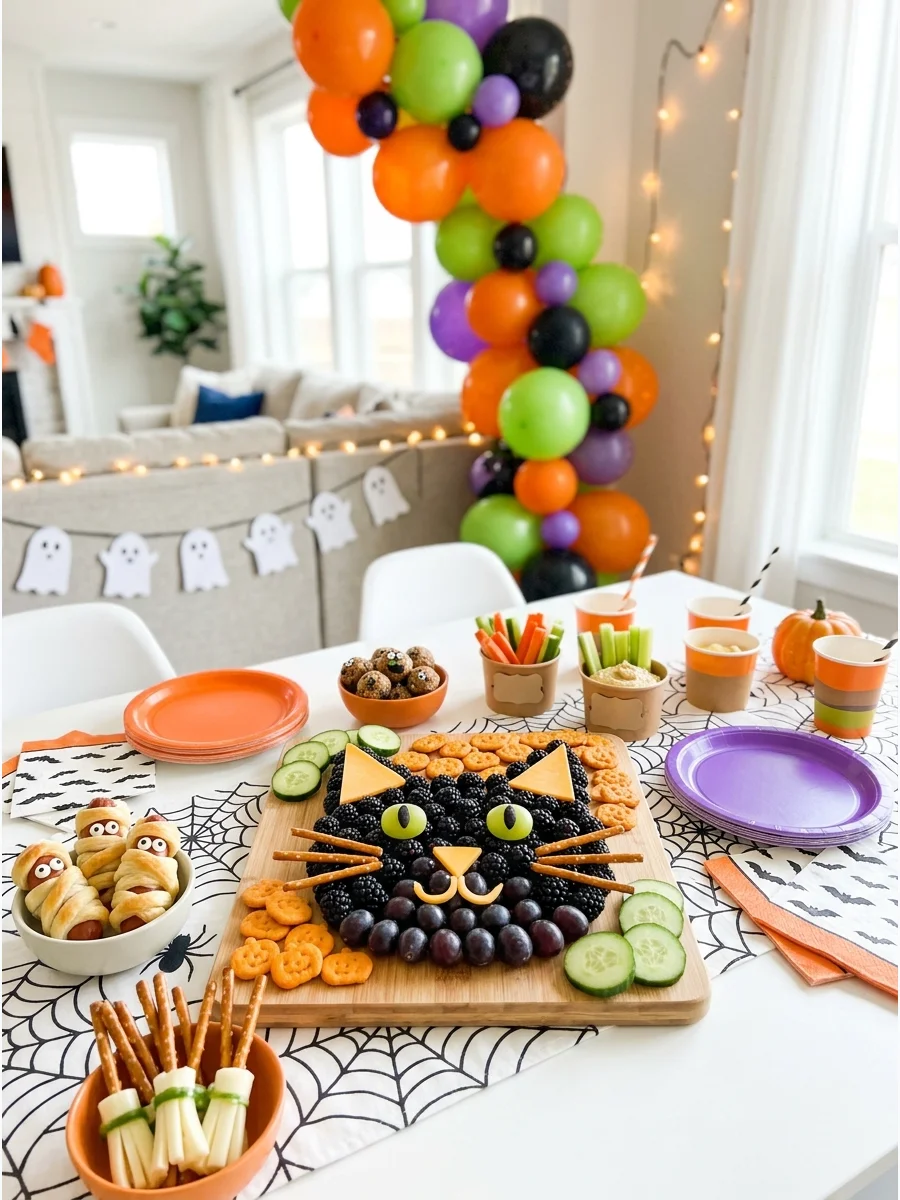 A fruit and cheese board arranged to look like a black cat face.