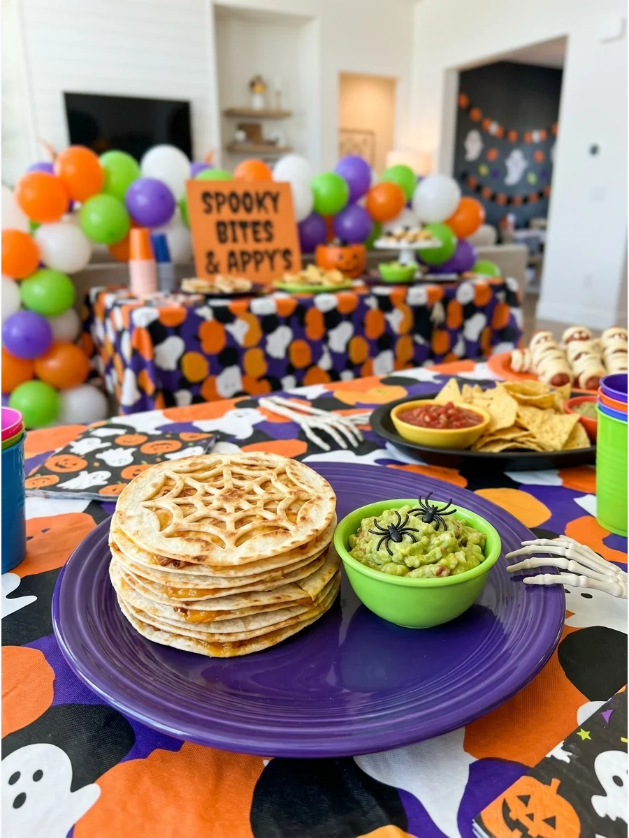 Cheese quesadillas with a spiderweb design cut into the top tortilla.