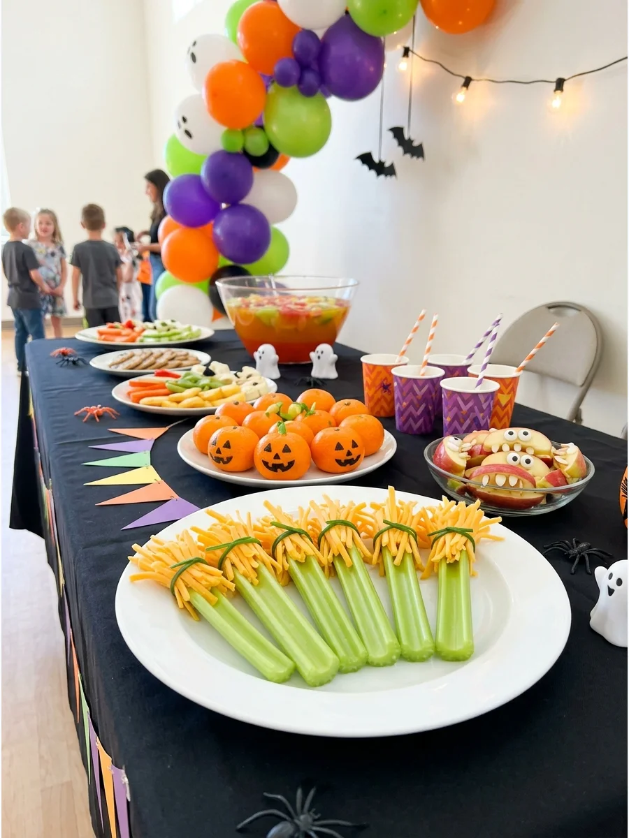 Celery and cheese snacks shaped like miniature witch brooms.