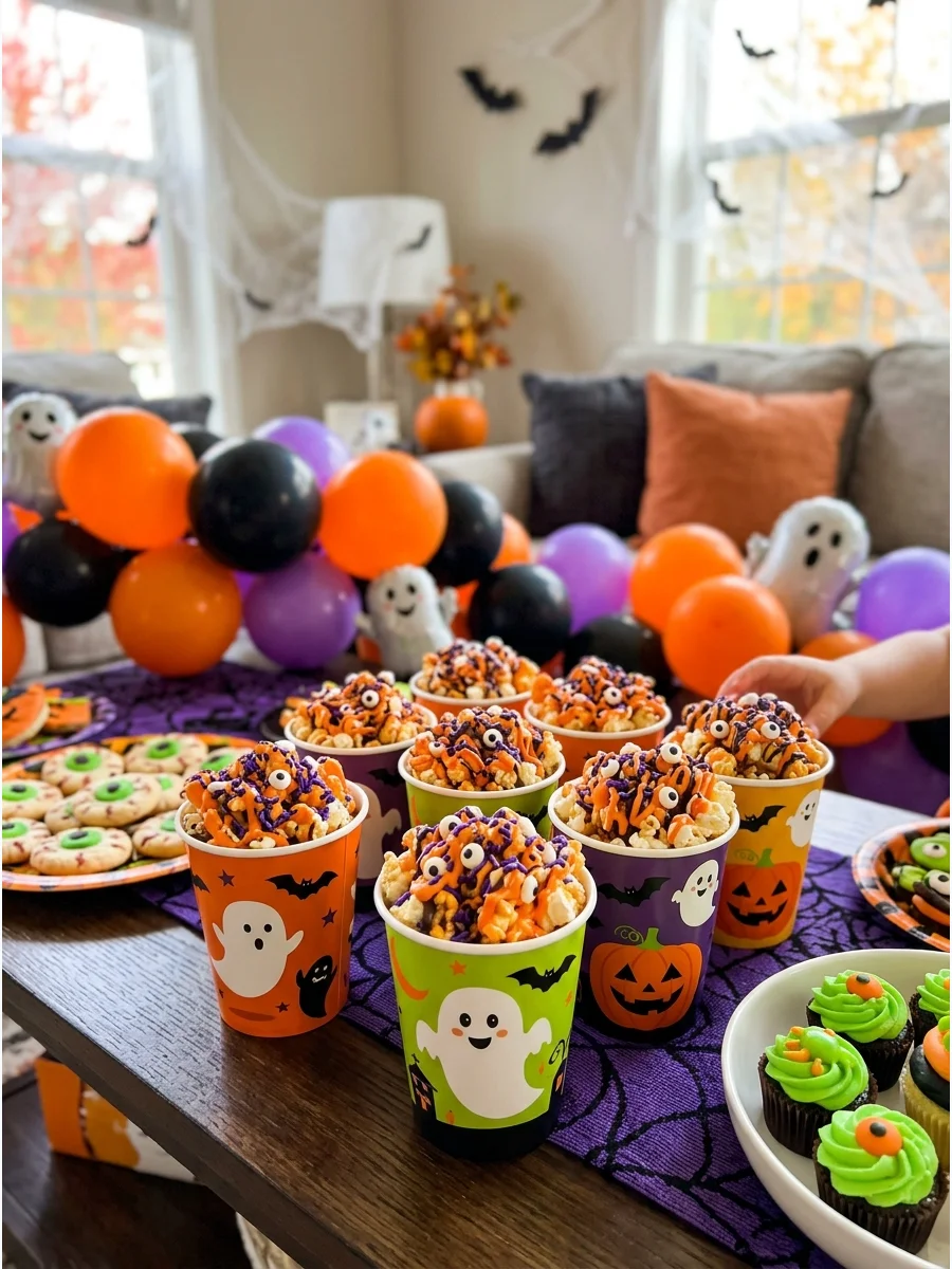 A mix of popcorn and Halloween candies in individual cups.
