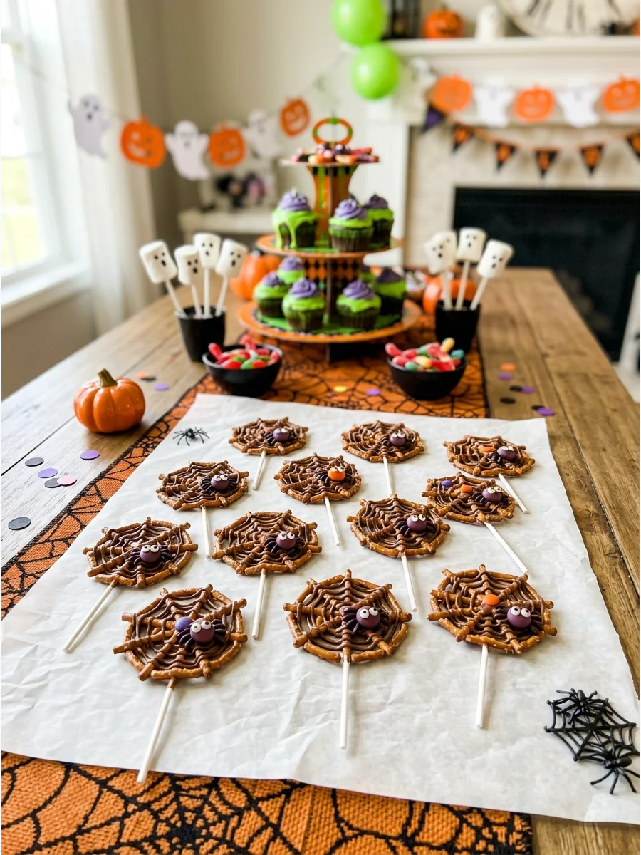 Pretzel sticks arranged in a web shape and held together with melted chocolate.