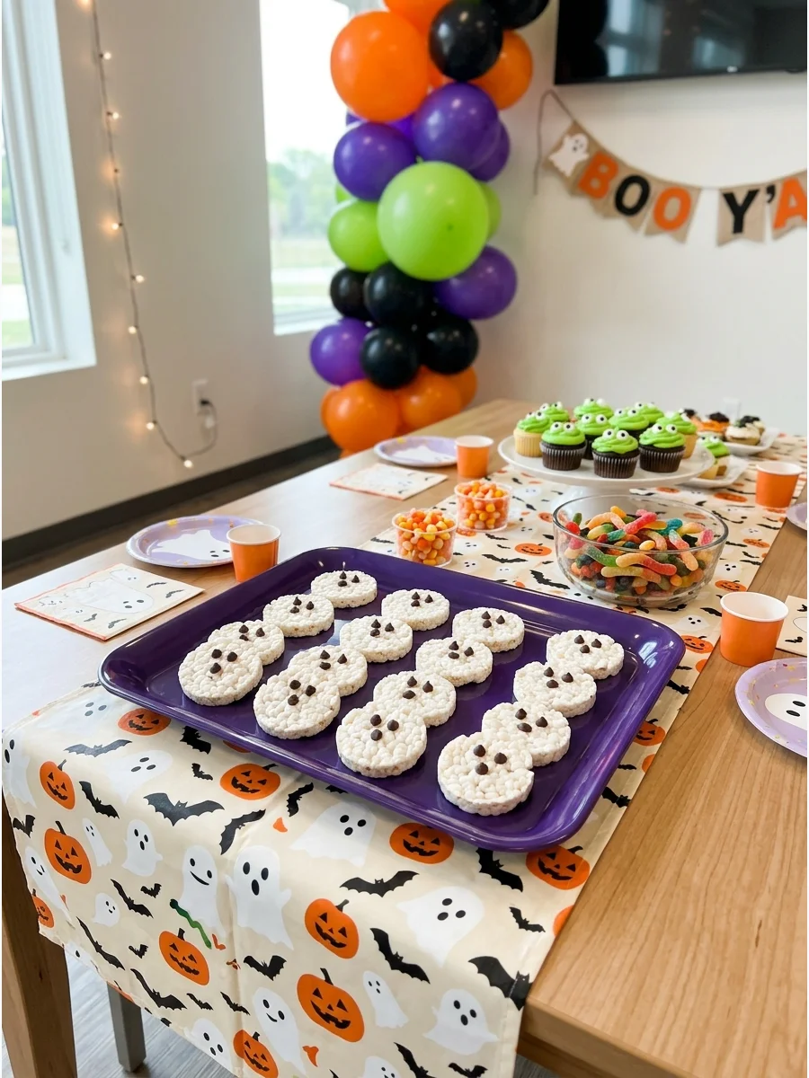 Rice cakes topped with white coating and chocolate chip ghost faces.