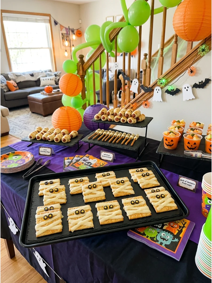 Crackers decorated with cheese strips and olives to look like mummies.
