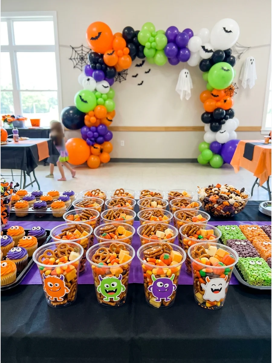 Individual snack cups filled with various Halloween-themed treats.