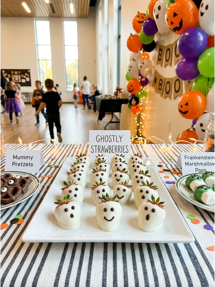 Strawberries dipped in white chocolate and decorated with ghost faces.