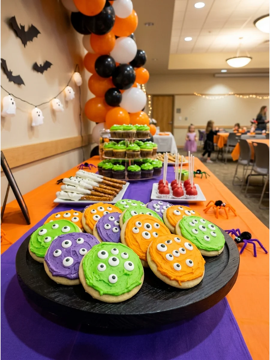 Brightly colored frosted cookies with various candy eyes.