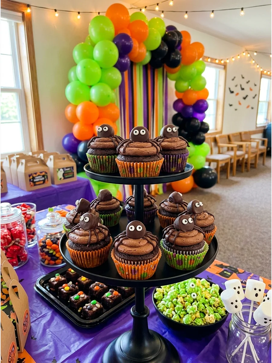 Chocolate cupcakes decorated with spiders made from candy and frosting.