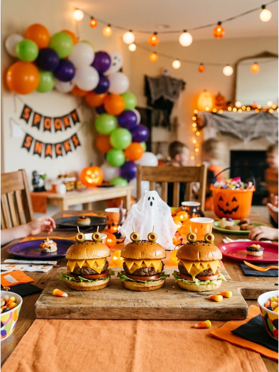 Small cheeseburger sliders decorated with cheese teeth and olive eyes.