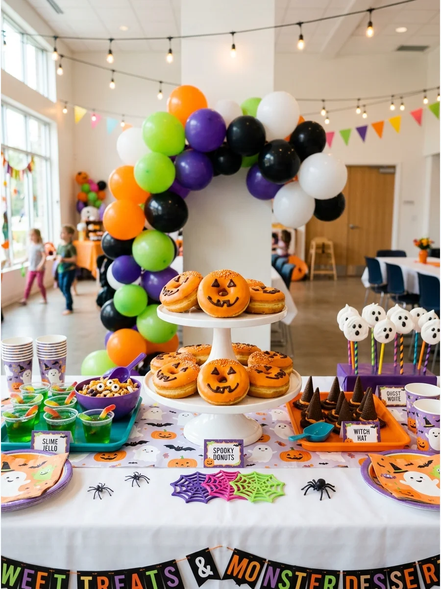 Donuts with orange icing and chocolate pumpkin faces.