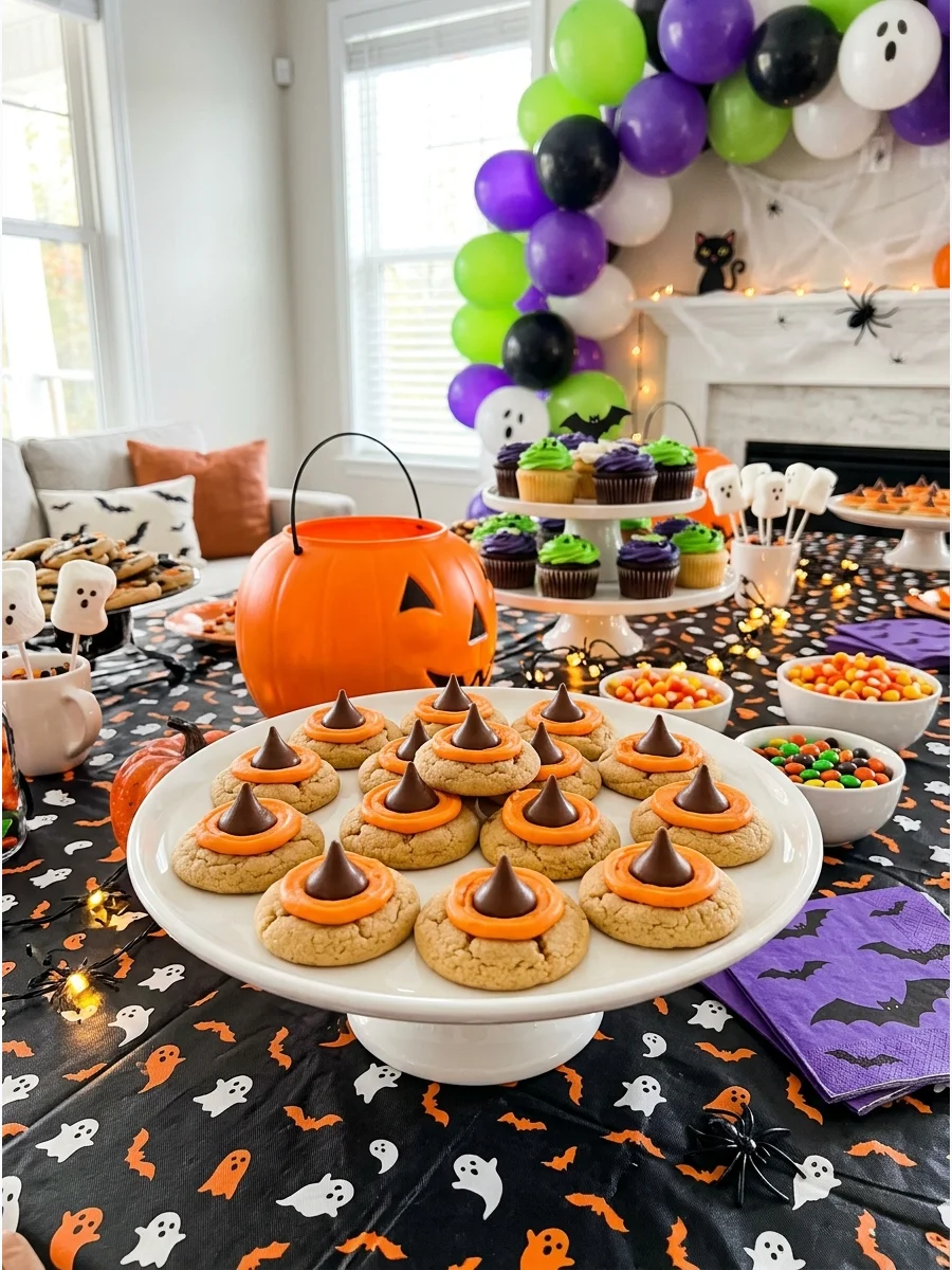 Cookies shaped like witch hats using a chocolate candy and frosting.