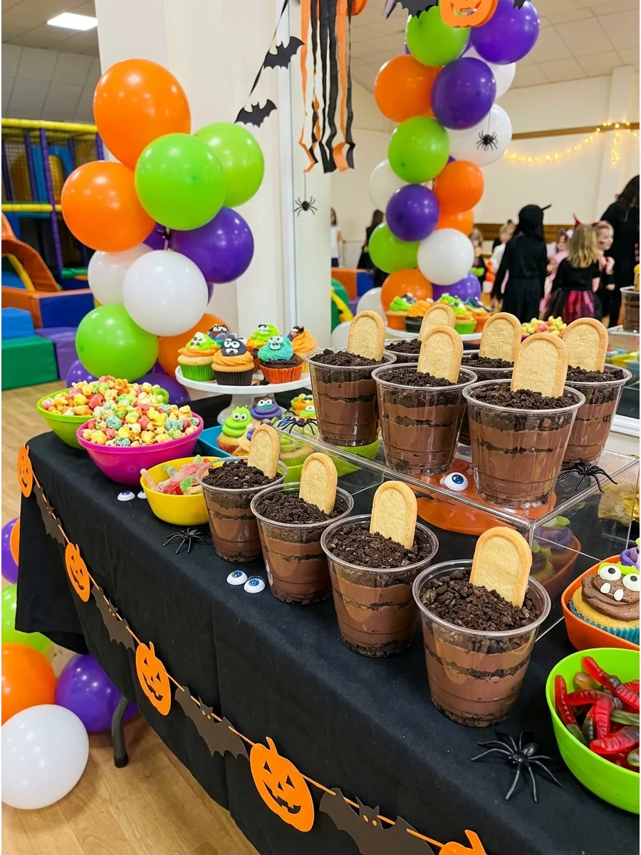 Pudding cups decorated to look like mini graveyards.
