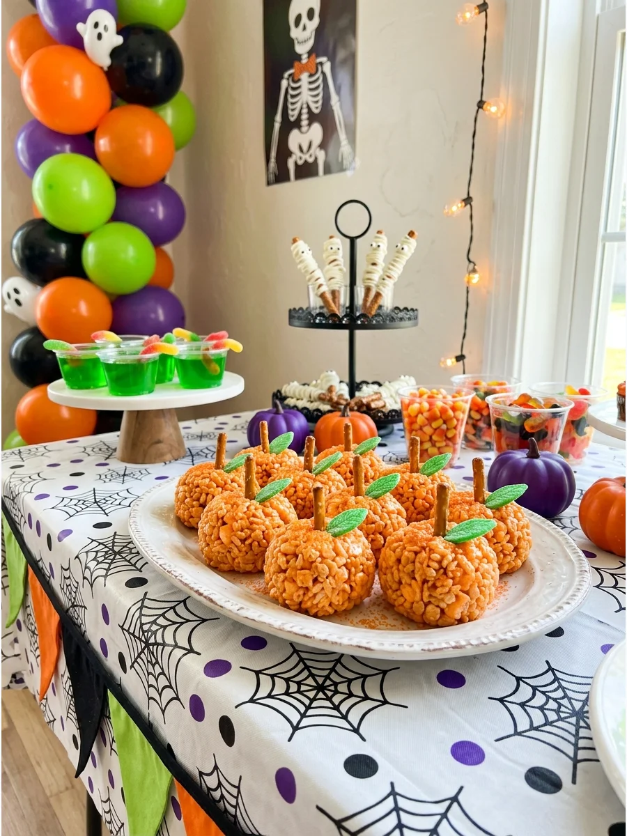 Orange rice cereal treats shaped like pumpkins.