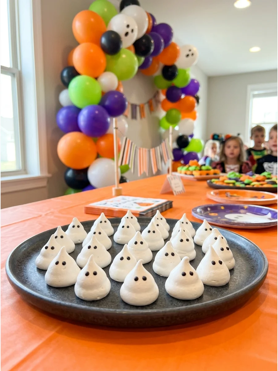 Crispy white meringue cookies shaped like little ghosts.