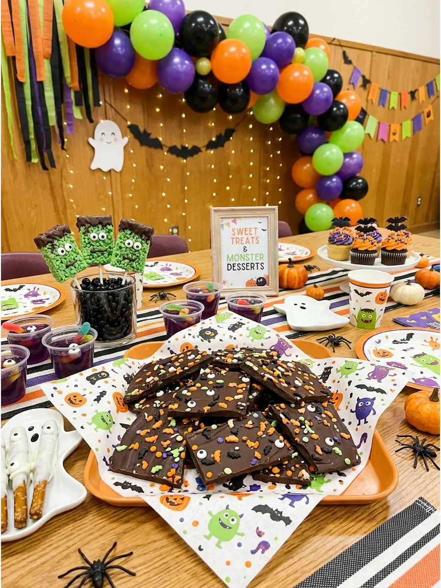 Chocolate bark with Halloween-themed sprinkles and cookie bits.