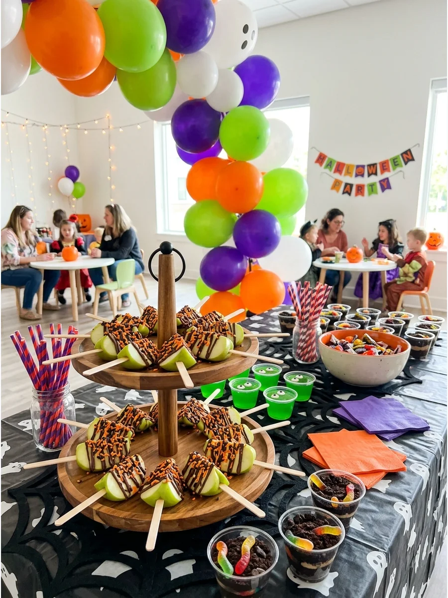 Apple slices on sticks with caramel and chocolate decorations.
