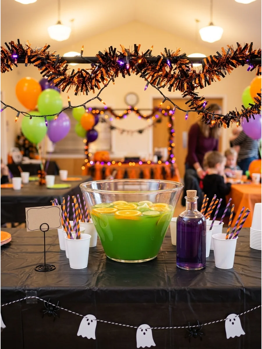 A large bowl of green fruit punch with floating fruit slices.
