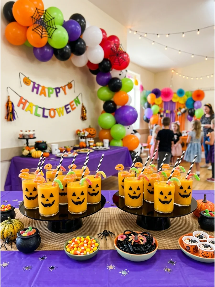 Orange smoothies served in glasses decorated with pumpkin faces.
