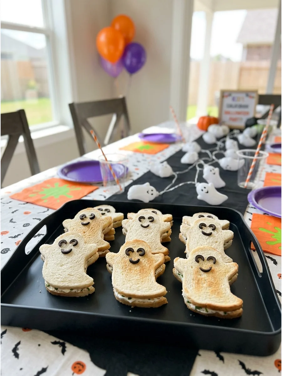 Sandwiches cut into ghost shapes using a cookie cutter.