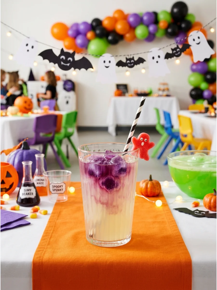 Lemonade in a clear glass with colored ice cubes creating a color-change effect.