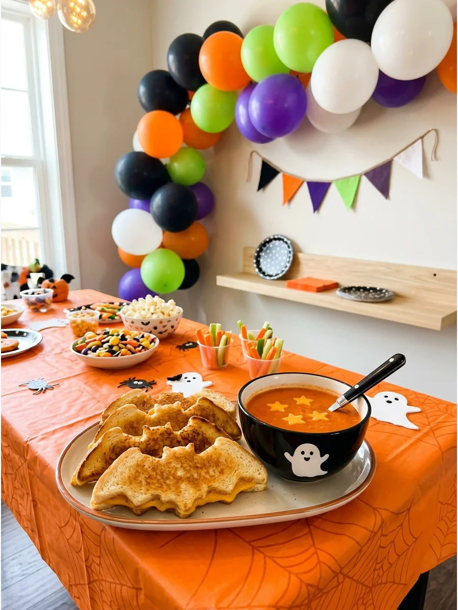 Toasted cheese sandwiches cut into bat shapes served with soup.