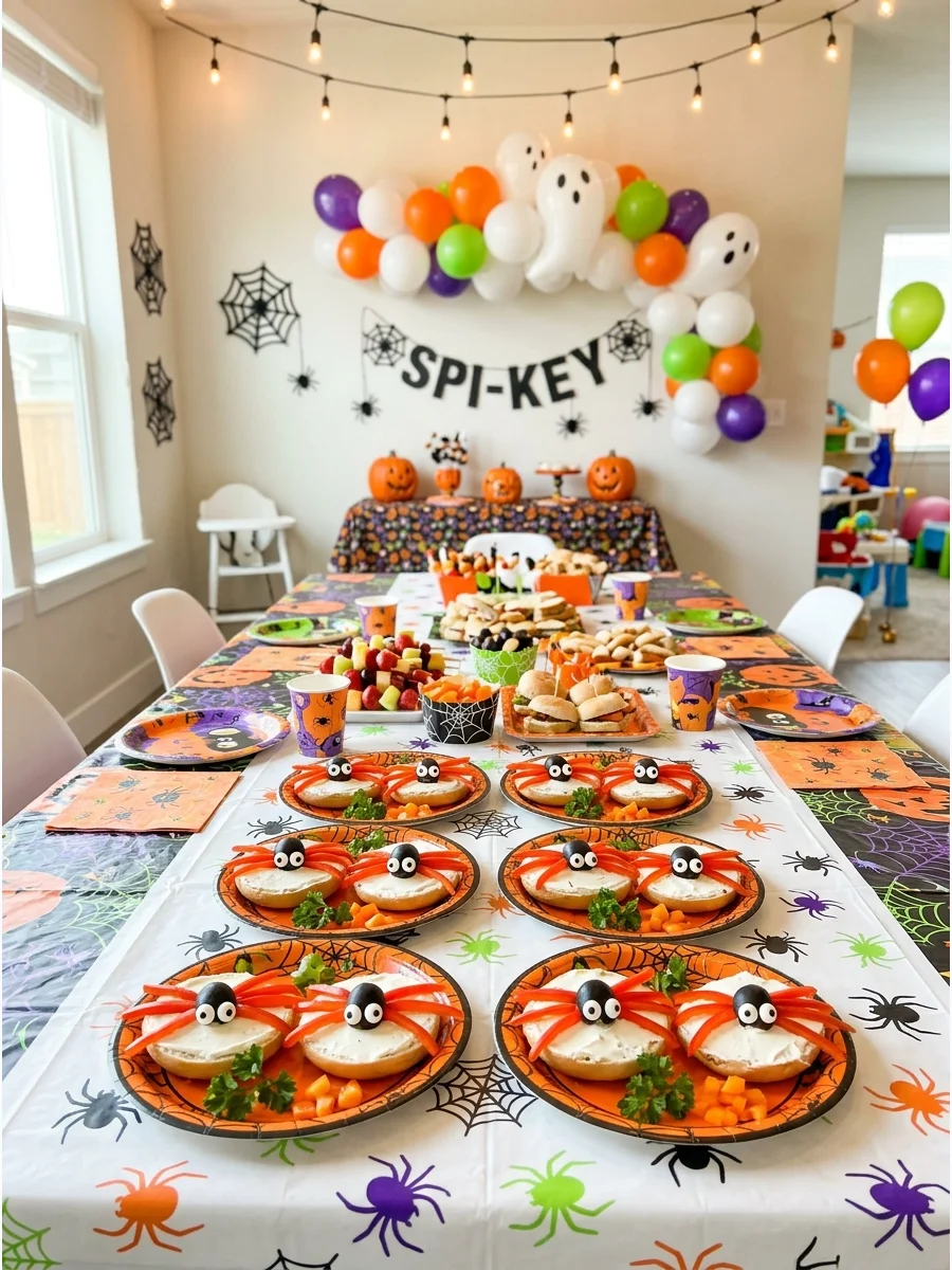 Mini bagels decorated to look like spiders with pepper legs.