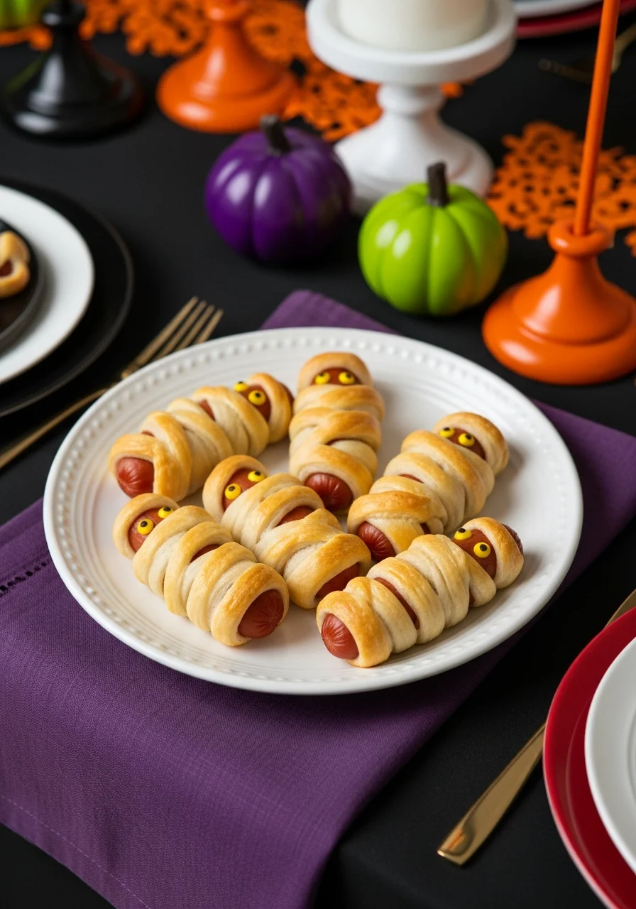 Hot dogs wrapped in crescent dough strips to look like mummies on a white plate.