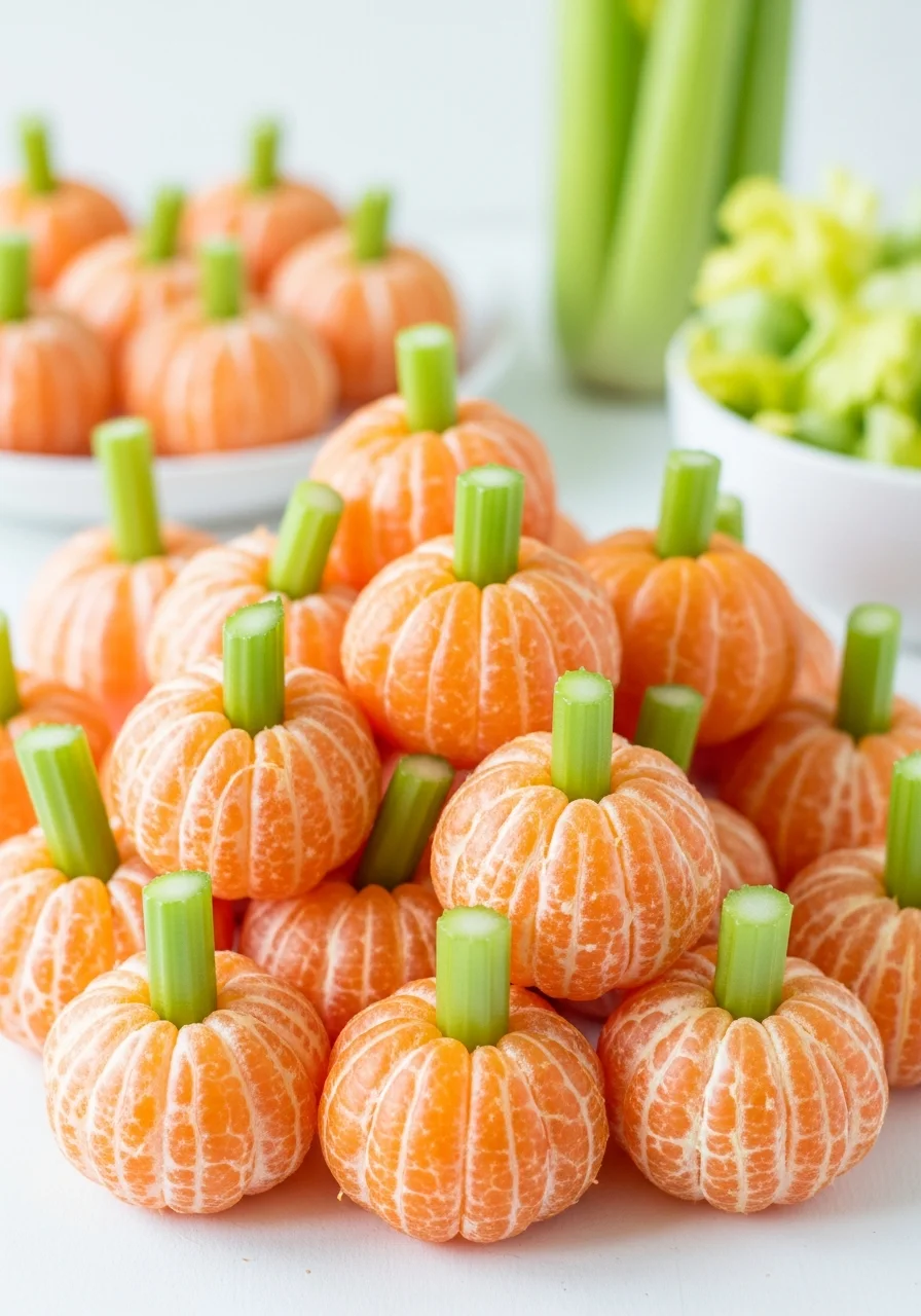 Peeled small oranges with celery sticks in the center to look like mini pumpkins.