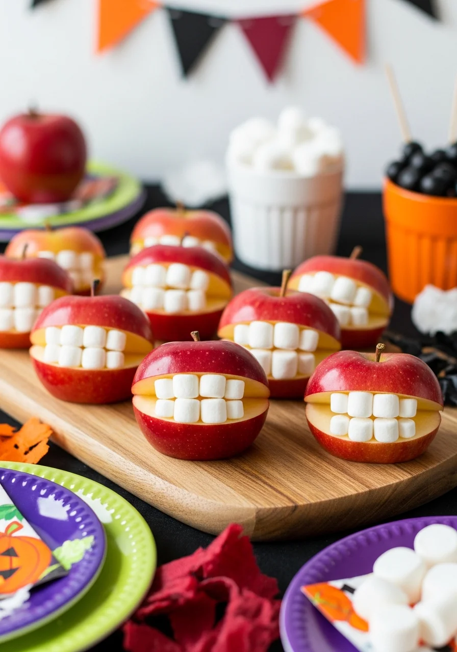Red apple slices with mini marshmallows held together by nut butter to look like mouths.