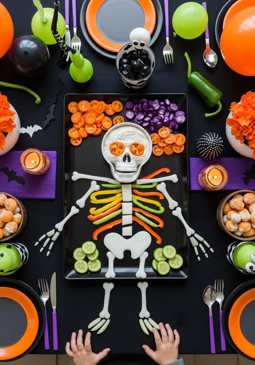 A vegetable platter arranged in the shape of a skeleton with a dip bowl for the head.
