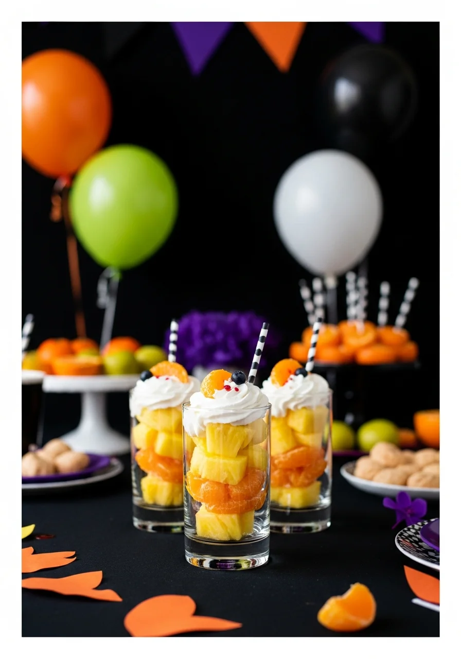 Clear cups showing layers of yellow, orange, and white fruit and cream.