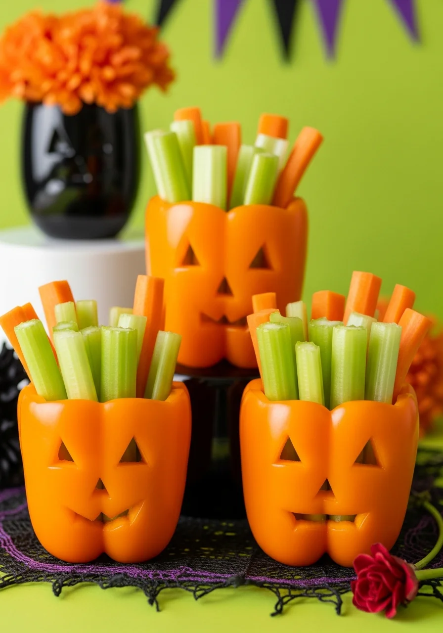 Carved orange peppers used as bowls for vegetable sticks.