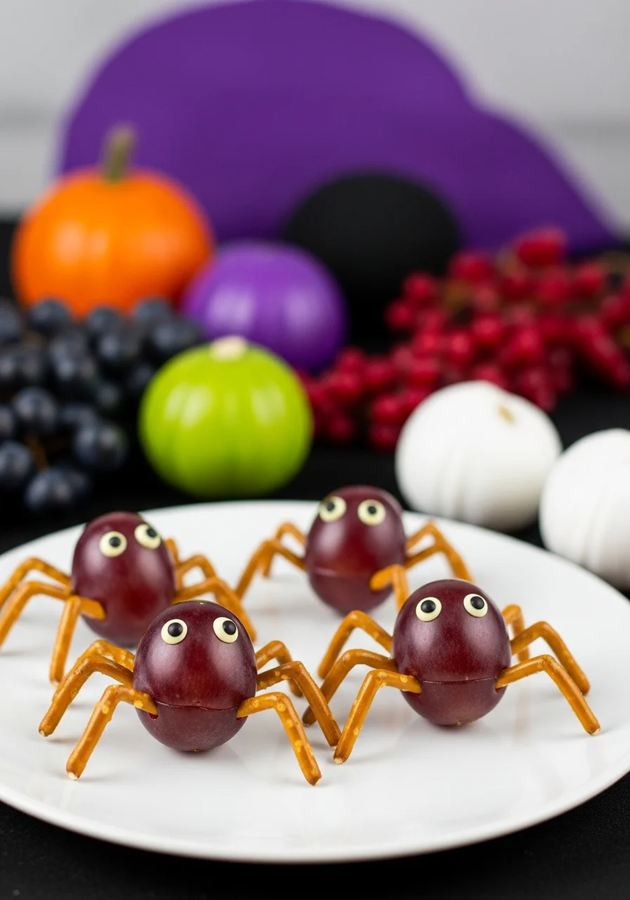 Purple grapes with pretzel sticks inserted to look like spiders.