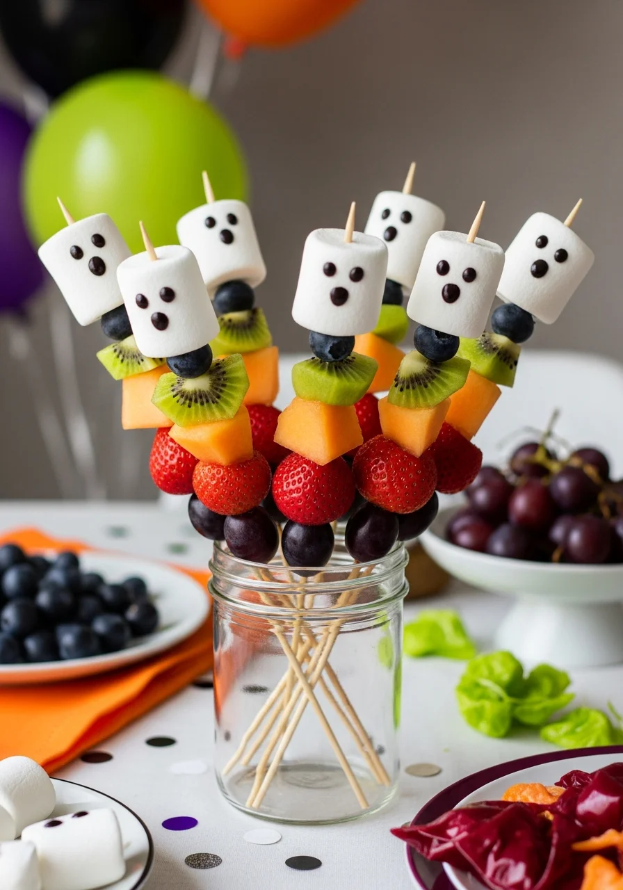 Blueberry skewers topped with a marshmallow decorated like a ghost.