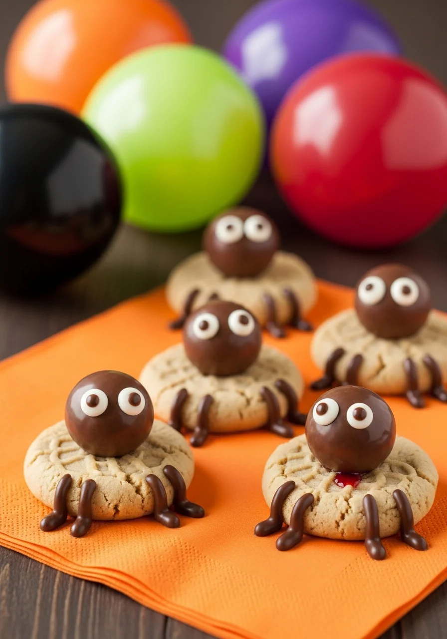 Cookies with chocolate candies and piped chocolate legs to look like spiders.