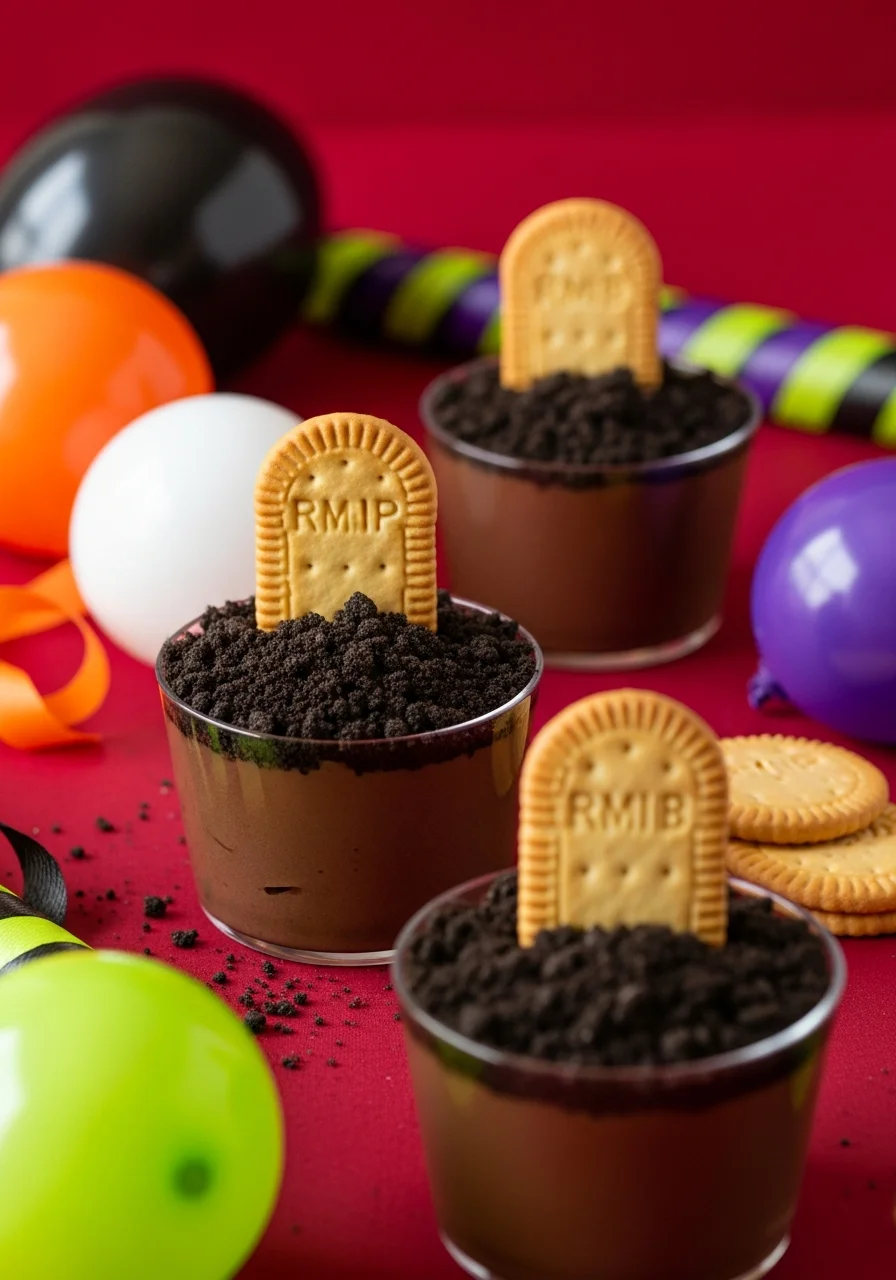 Chocolate pudding cups with crushed cookie dirt and biscuit gravestones.