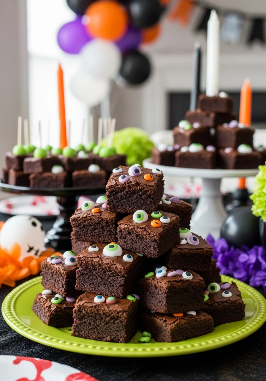 Dark brownies with many white candy eyeballs pressed into the surface.