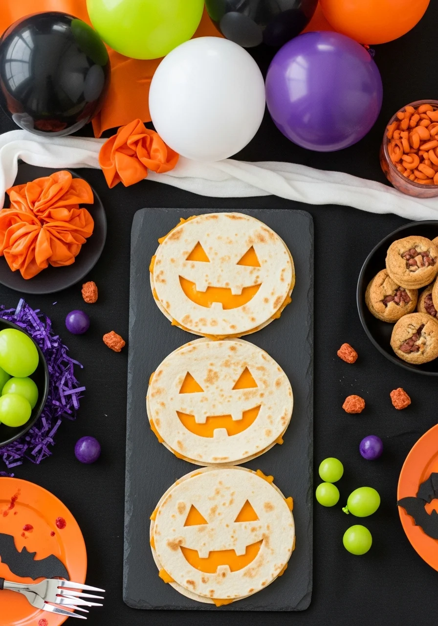 Toasted tortillas with carved pumpkin faces showing melted orange cheese.