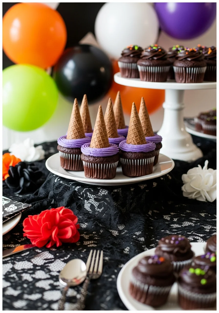 Cupcakes with inverted chocolate cones to look like witch hats.