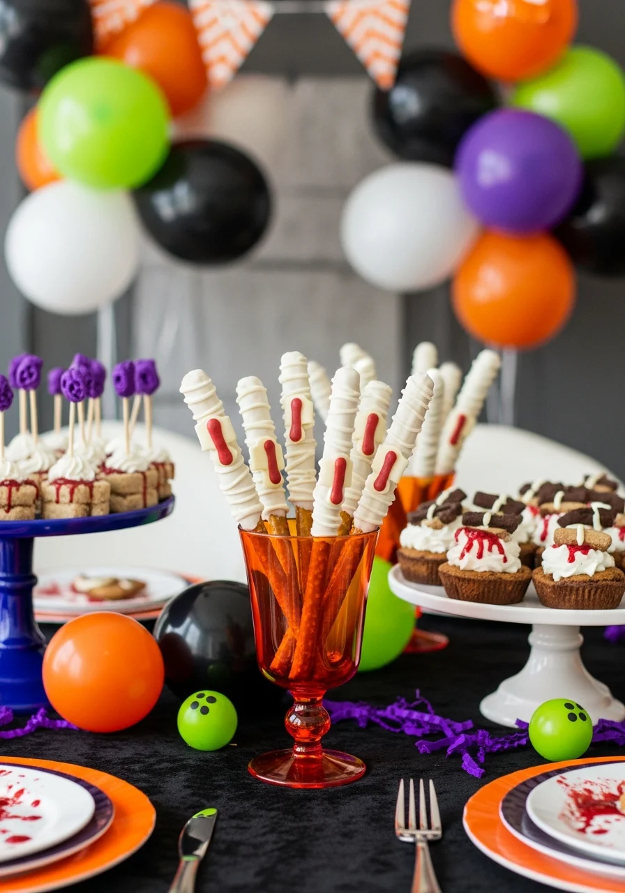 White chocolate covered pretzel rods with mummy-style drizzles and small eyes.