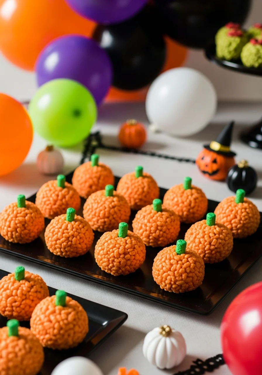 Orange rice cereal treats shaped like mini pumpkins with green stems.