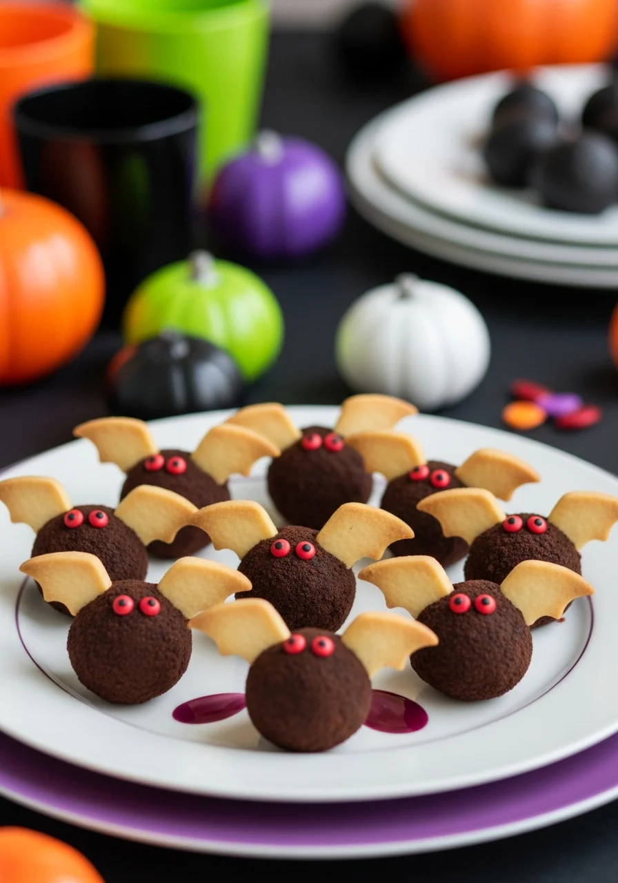 Chocolate truffles with cookie halves for wings to look like bats.